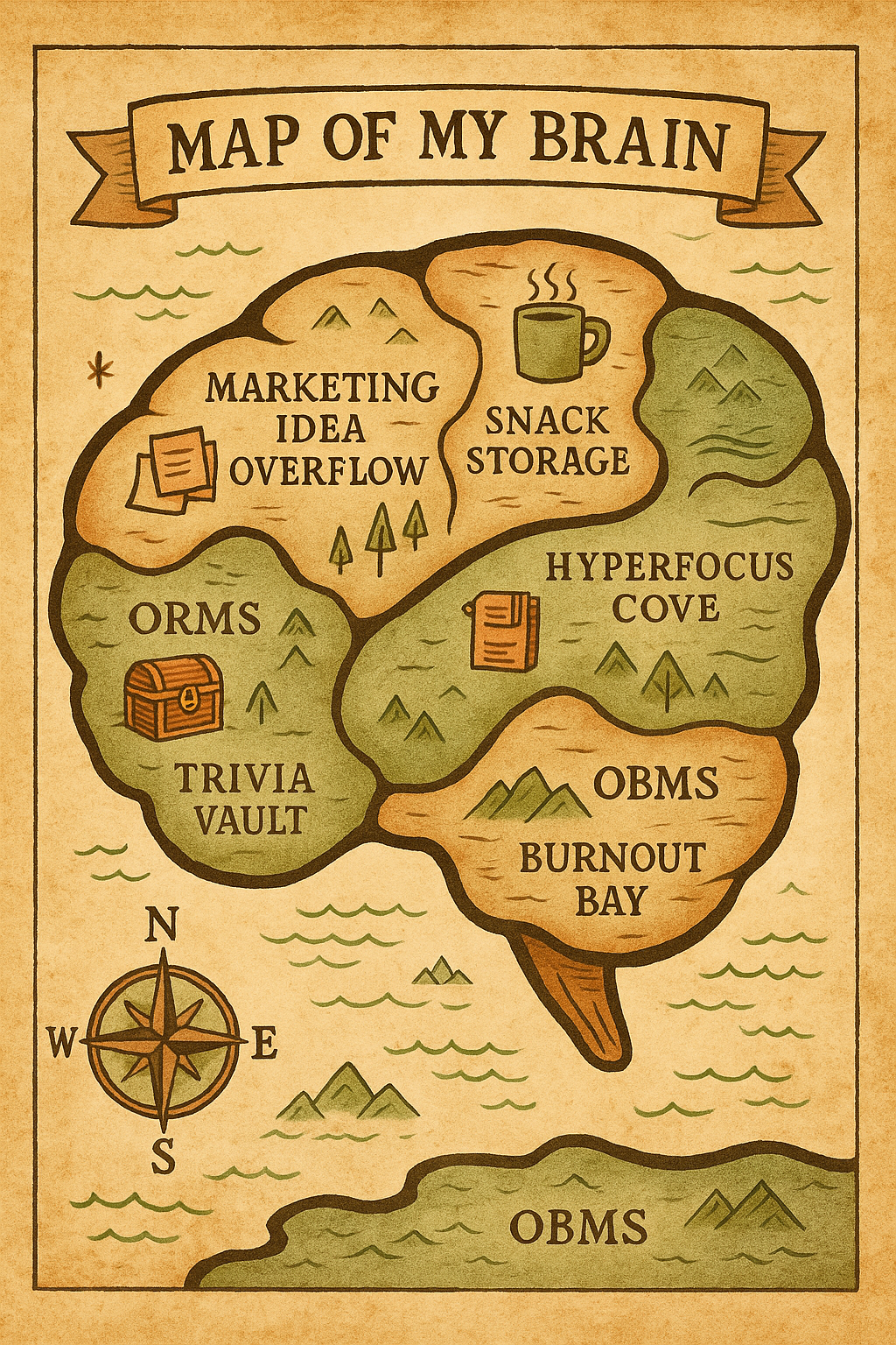 Illustrated map of a quirky neurodivergent brain